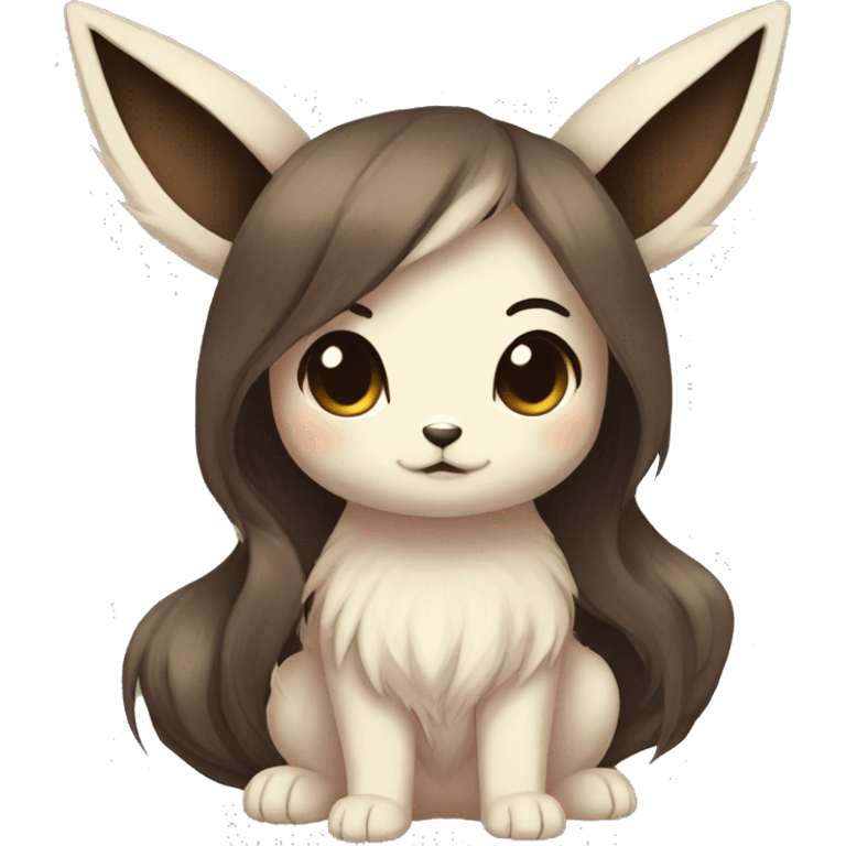 Kawaii Pale Eevee with dark brown long emo hair covering her eyes Full Body emoji