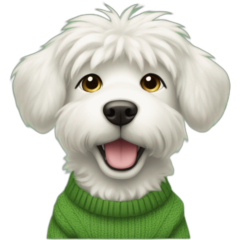 white fluffy dog with blonde ears wearing a green gap sweater emoji