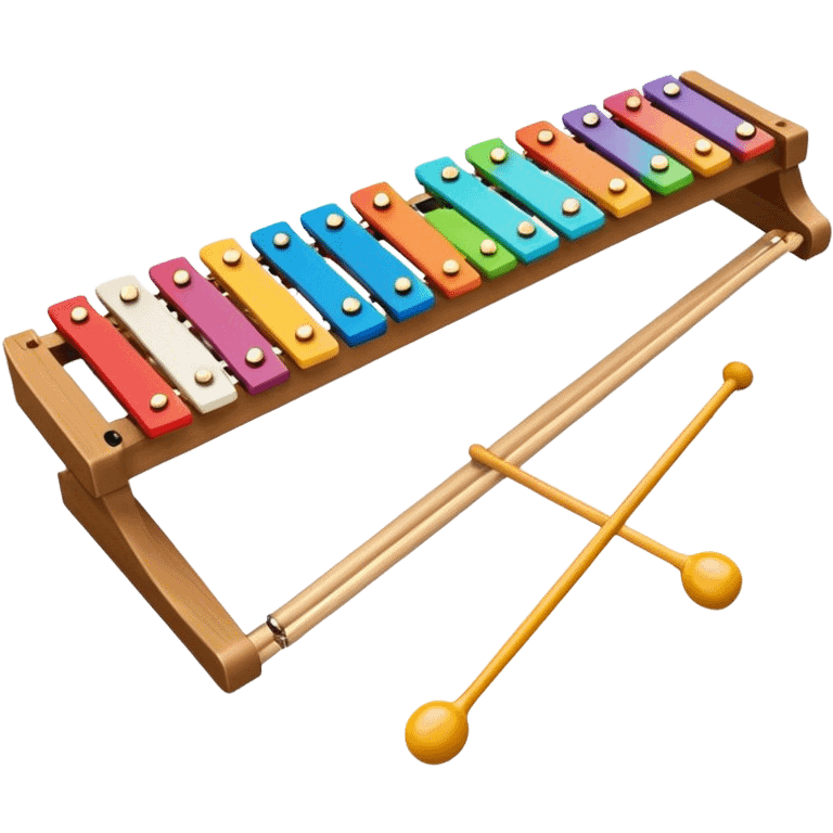 Create a vibrant and detailed emoji representing a Fleet FLT-SX37 xylophone. The design should feature the sleek wooden keys of the xylophone, arranged neatly on the frame, with metal bars clearly visible. Add the mallets placed beside the instrument or in motion, highlighting their soft rubber heads. Use warm, natural wood tones for the keys, with subtle metallic accents to reflect the professional quality of the instrument. Add small musical notes or soundwaves around the xylophone to evoke its bright, percussive sound. The background should be transparent. emoji