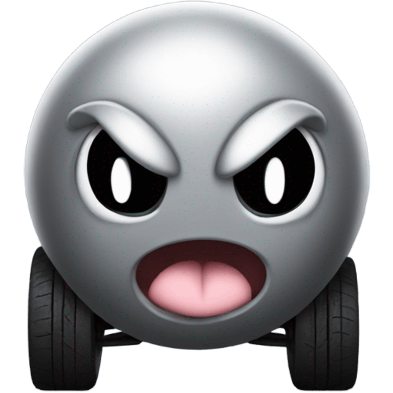 Metal cute Kirby bubble Gray ball driving on car wheels with mad eyebrows  emoji