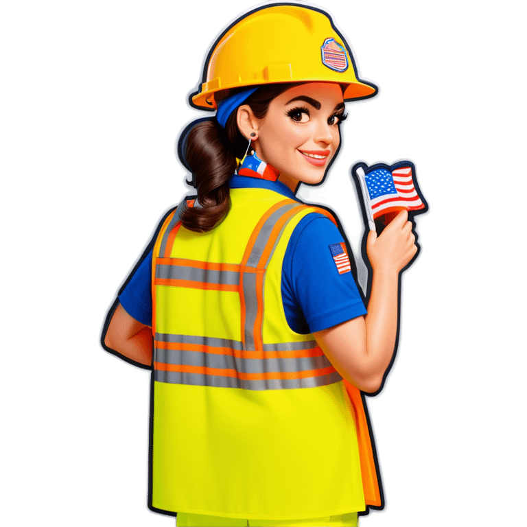  Charli D'Amelio is a construction worker wearing a patriotic dress with a neon yellow safety vest over the dress. she also has a hard hat and a patriotic patch on the vest emoji