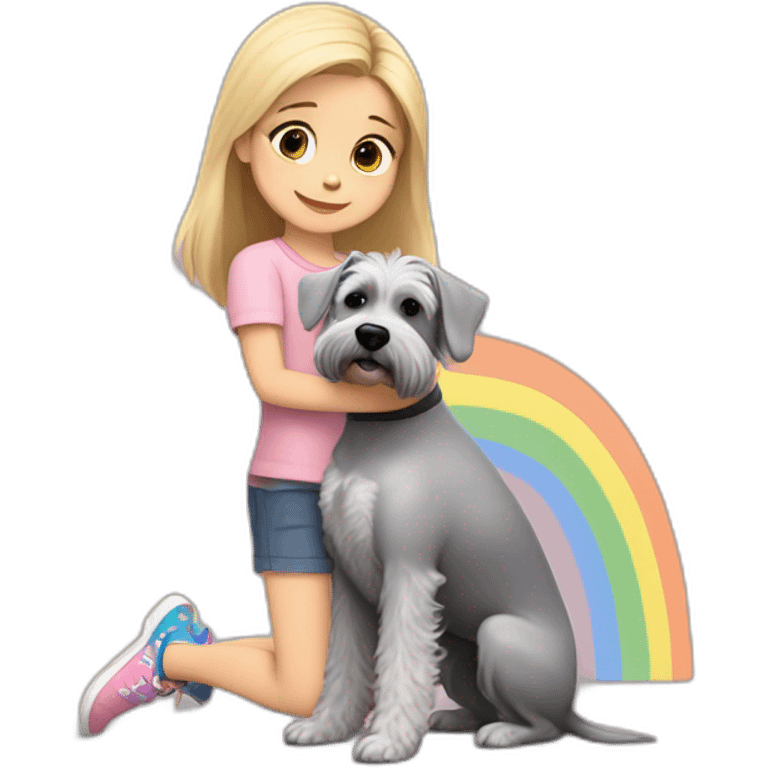 A seven-year-old girl with blonde hair in a light pink T-shirt and rainbow leggings hugs a gray Schnauzer dog emoji