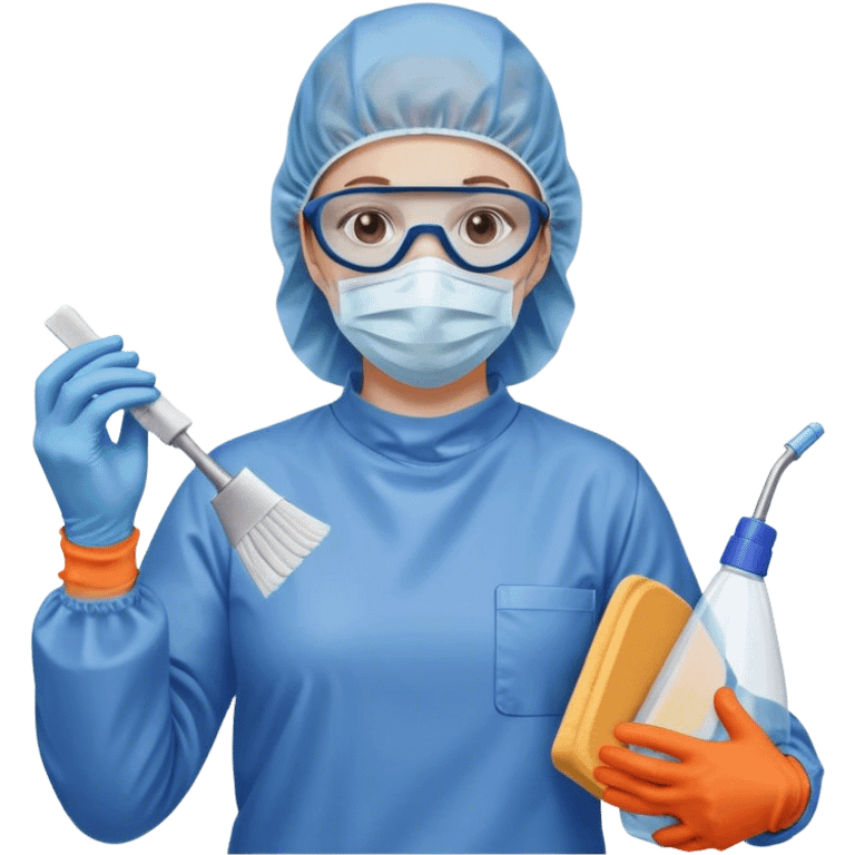 A meticulous cleanroom worker dressed in full protective gear, including a blue sterile suit, a face mask,  and orange gloves.  cleaning glasses with a wipe in one Hand emoji