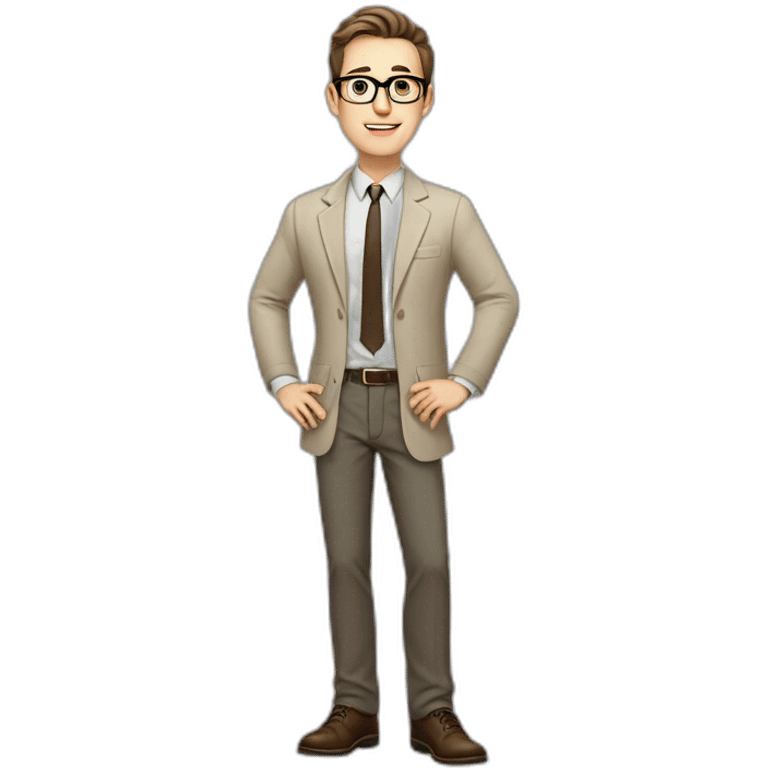 Full height Actively Gesturing Pale skinned fit man with dark brown hair in gray jacket, beige office shirt, brown tie, brown pants and vintage glasses. emoji