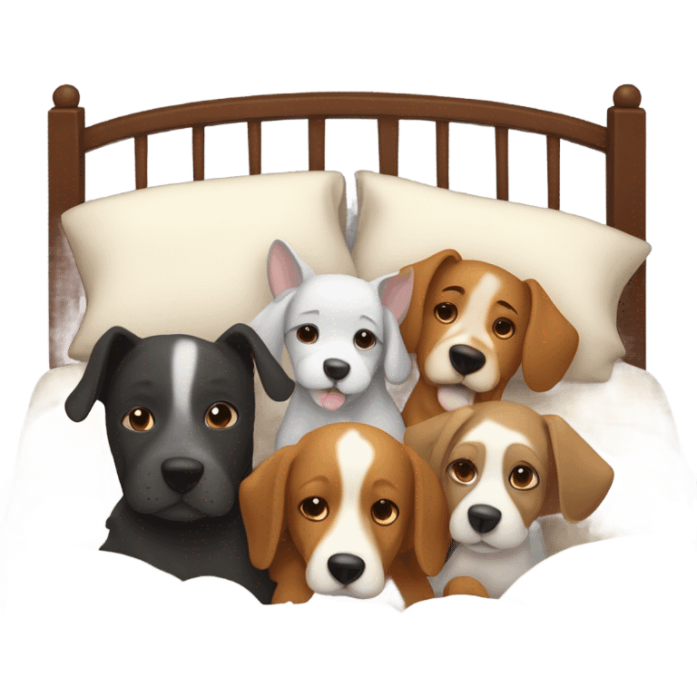 4 dogs snuggled in bed with mom and dad  emoji