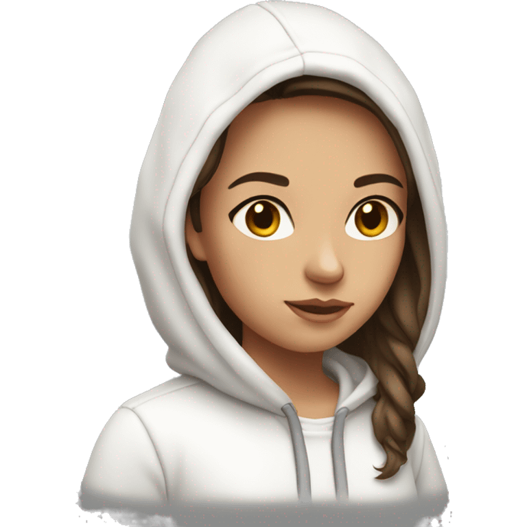 Girl with flat brown hair and brown eyes in white hoodie  emoji