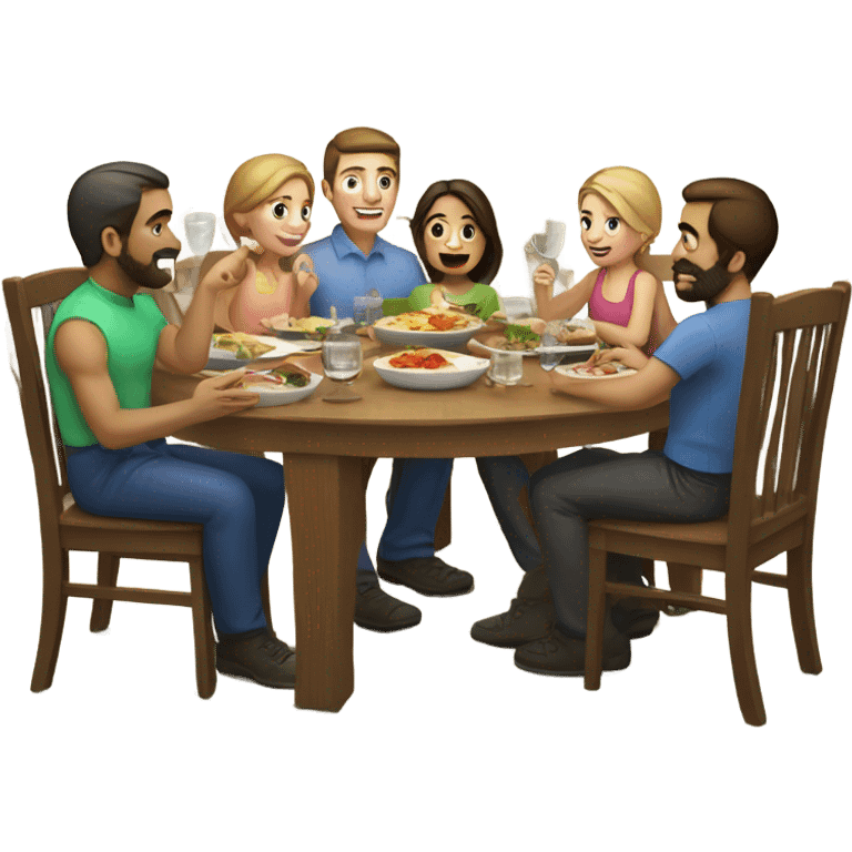 Caucasian family of eight eating dinner around table emoji