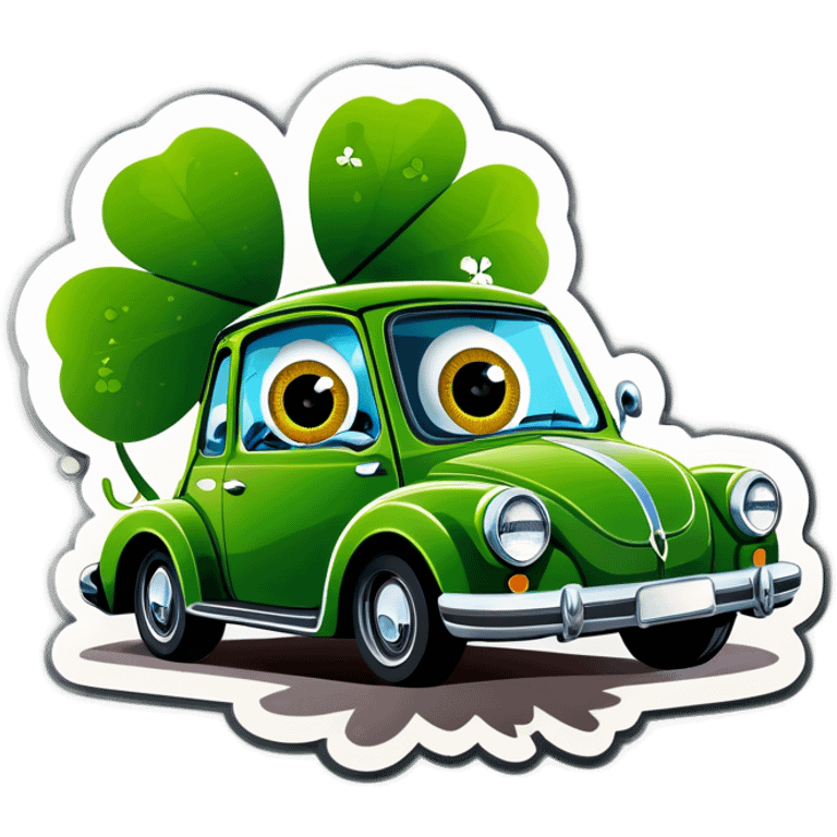 A 4 leaf clover with eyes driving a car emoji