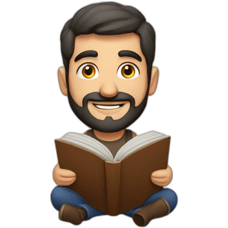 Armenian men sitting and reading interesting book and looking at camera and smiling  emoji