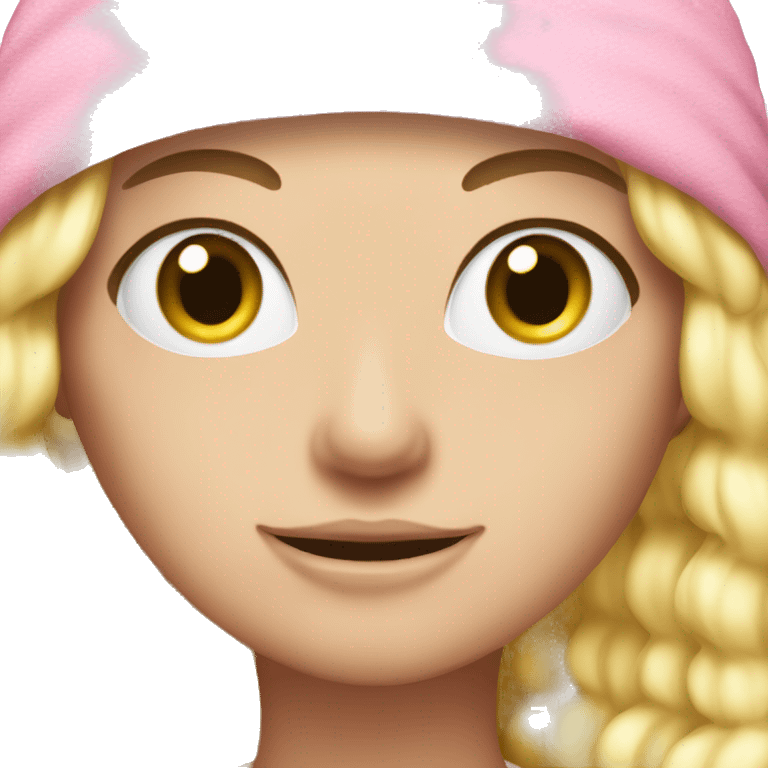 A white Girl with a pink towel on the head because of wet hair and a face beauty bask colored in white  emoji