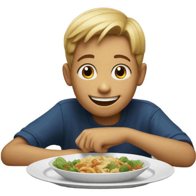 smiling boy enjoying meal indoors emoji