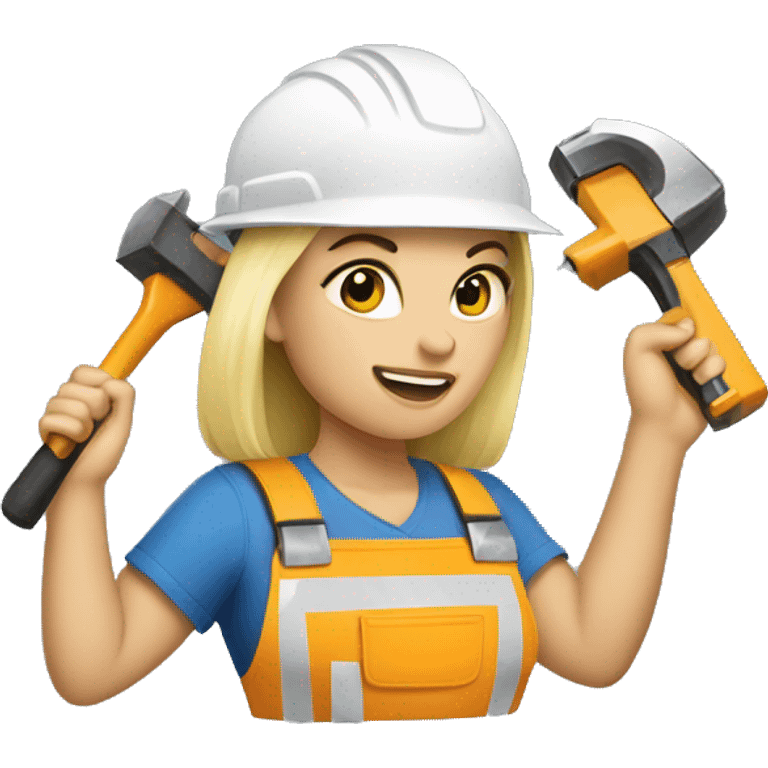 blonde woman with a construction helmet and an electric hammer in her hand emoji