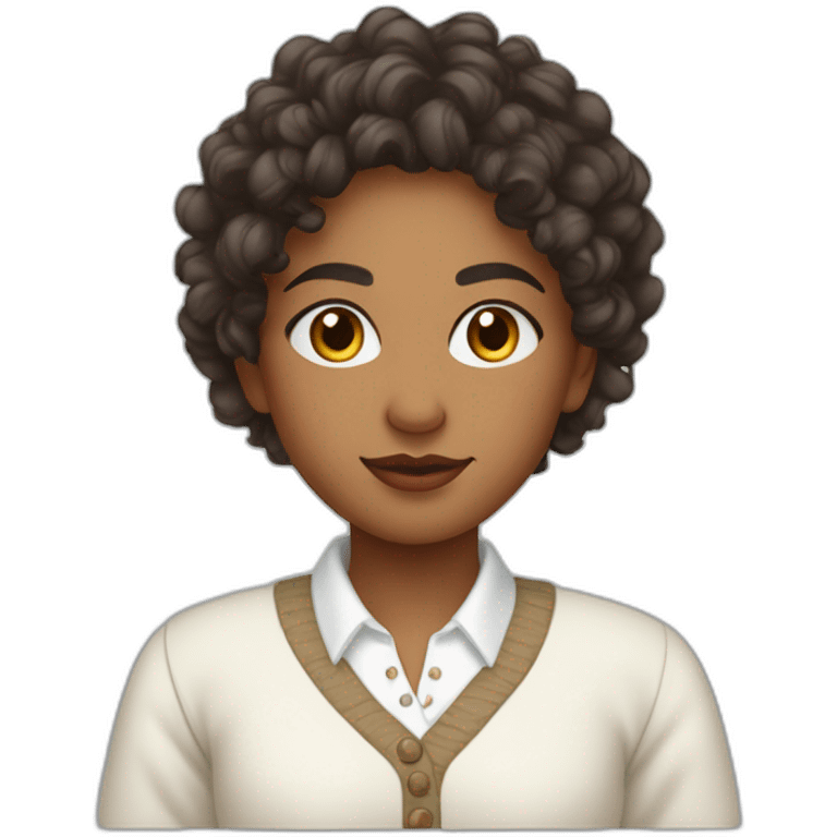 curly hair indian girl wearing a collared long sleeve white shirt under a white sweatervest emoji