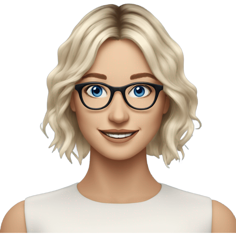 Shoulder length Balayage pale model lady with glasses and blue eyes happy  emoji