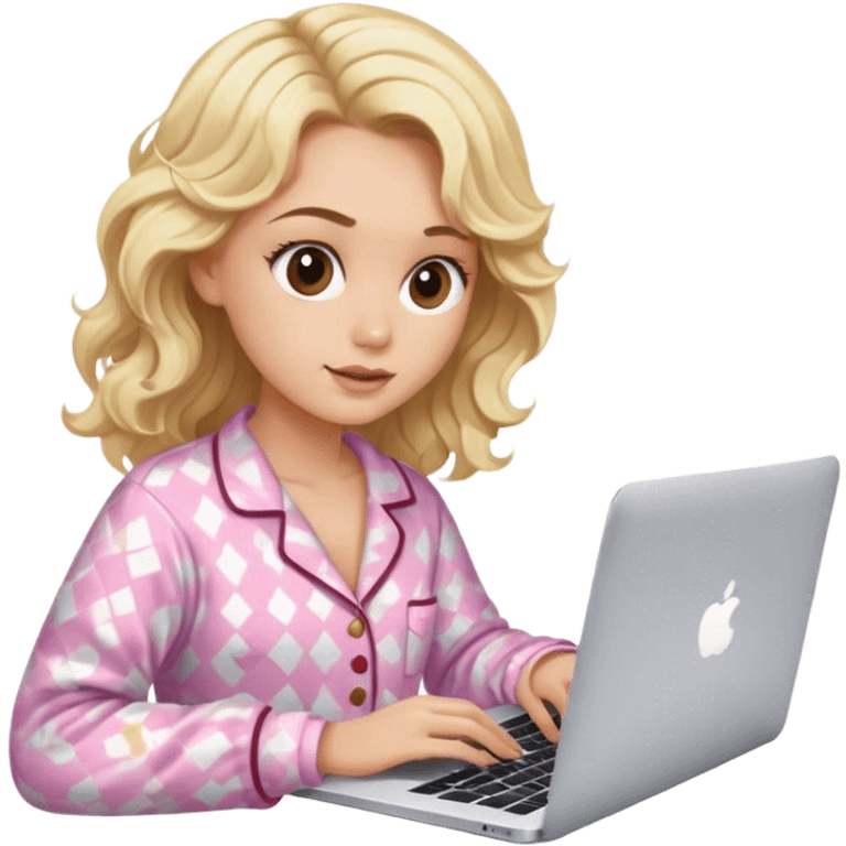 Blonde model with brown eyes, wavy hair, pajamas, typing on MacBook  emoji