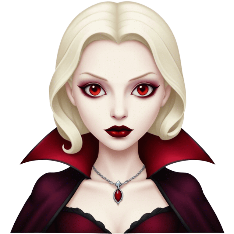 Cinematic Noble Vampire Portrait Emoji, Elegant and commanding, with a refined, pale visage framed by dark, velvet accents and a hint of crimson, exuding timeless seduction and dangerous allure, simplified yet exquisitely detailed, glowing with a soft nocturnal radiance and a subtle, mysterious outline that captures the regal spirit of an immortal lord of the night! emoji