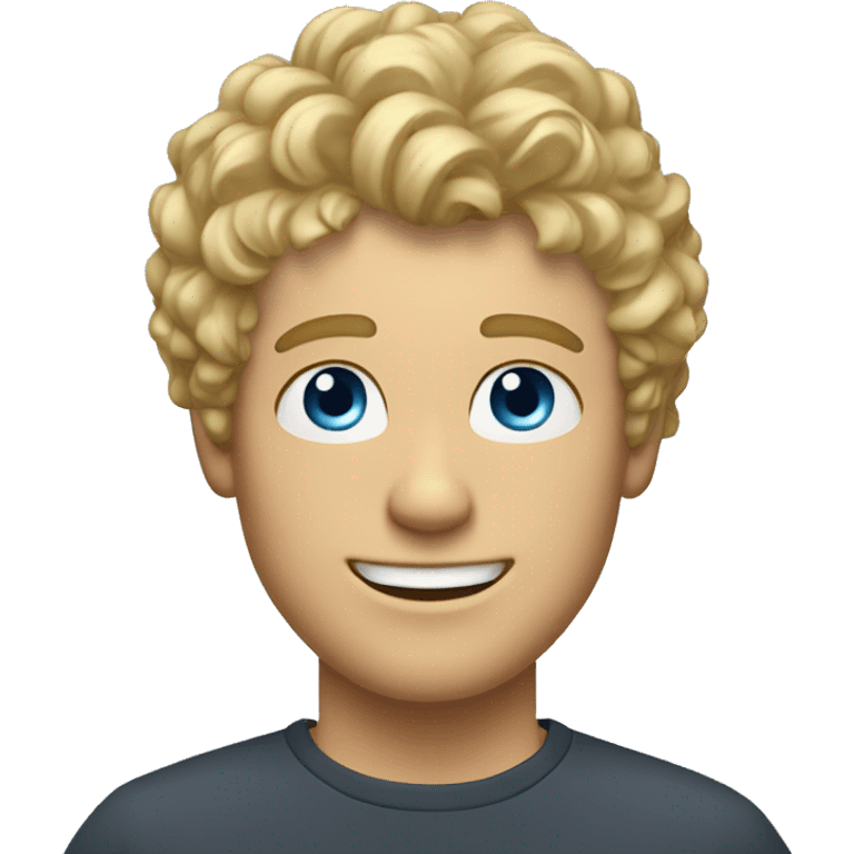 A TOK emoji of a blonde man with messy, curly bangs and short hair on the sides, smiling and without glasses, with blue eyes, without a mustache emoji