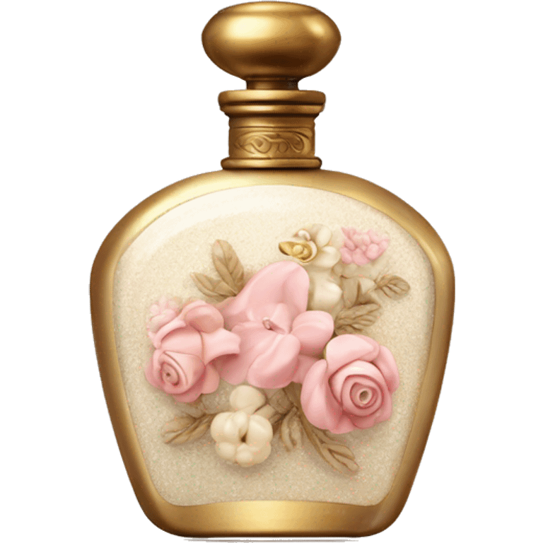 Vintage perfume bottle in antique Greek style, white, pink and beige, oil perfume inside, sequins and flowers fluttering around emoji