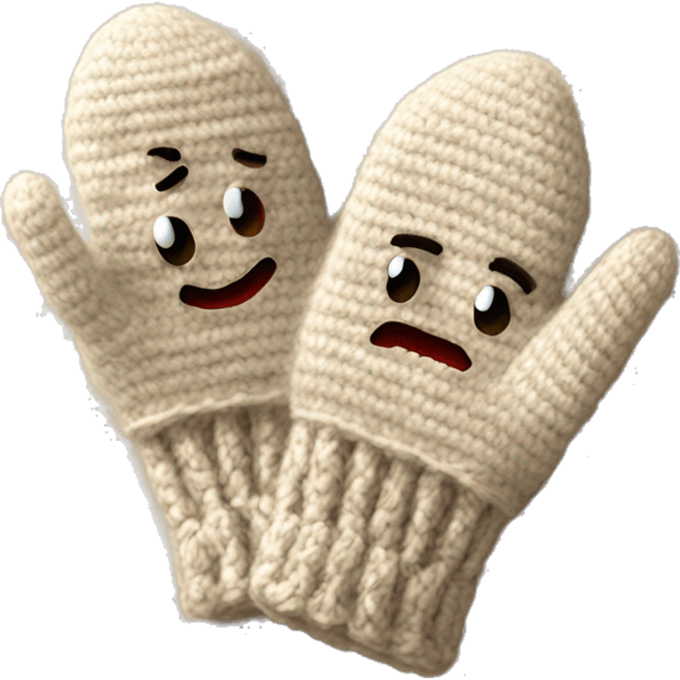 wool Beige mittens w thumbs and crocheted emoji