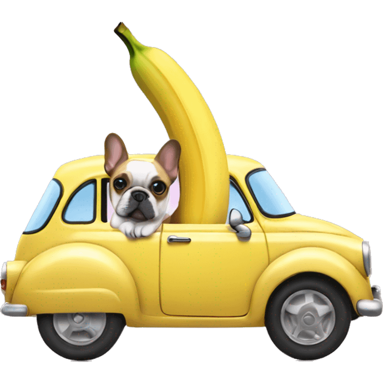 Banana car with a French bulldog in the car emoji