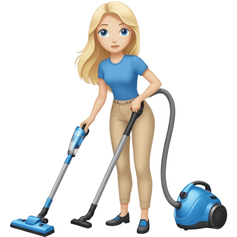 Cinematic realistic blonde with long hair, blue eyes vacuums emoji