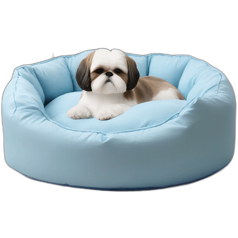 Shih tzu sleeping in light blue circular dog bed emoji