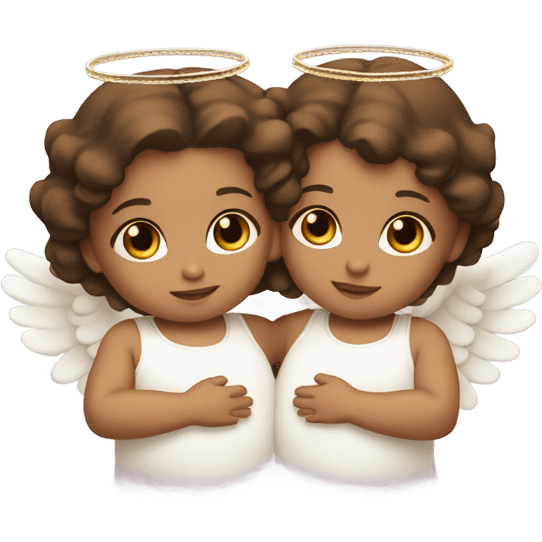 2 twin baby girls with brown hair with a halo and angel wings emoji