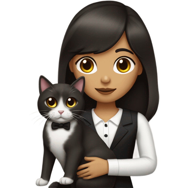 Dark brown haired girl with olive skin with straight across bangs and long hair holding a tuxedo cat emoji