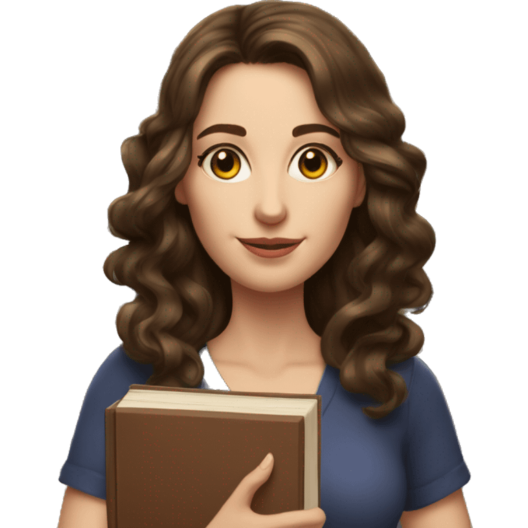 white woman brunette long wavy hair highlights woman while holding large stack of books emoji