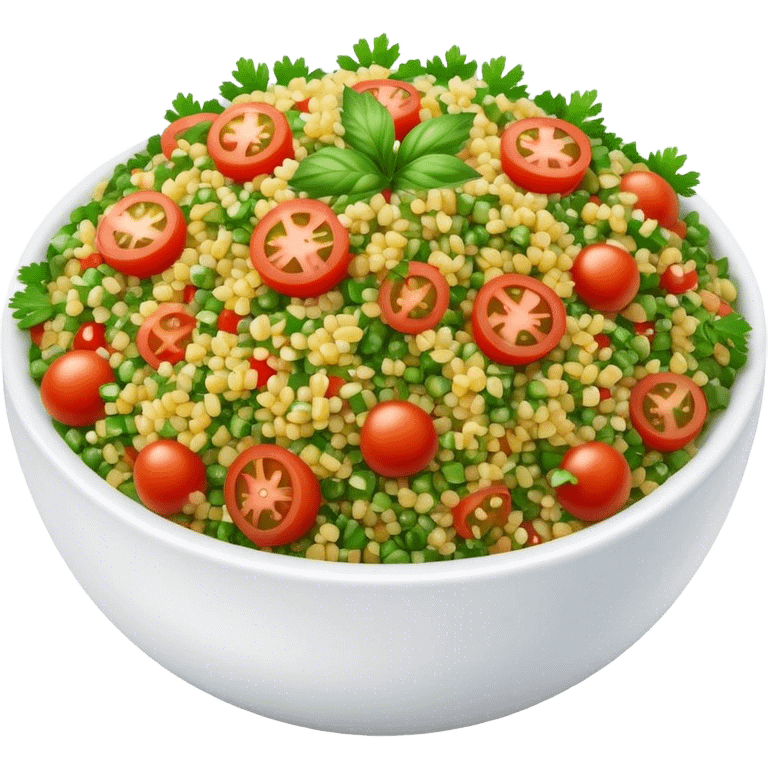 Cinematic Realistic Tabbouleh Salad Dish Emoji, showcasing a fresh herbaceous salad with bulgur, tomatoes, and parsley rendered with crisp textures and natural, vibrant lighting. emoji