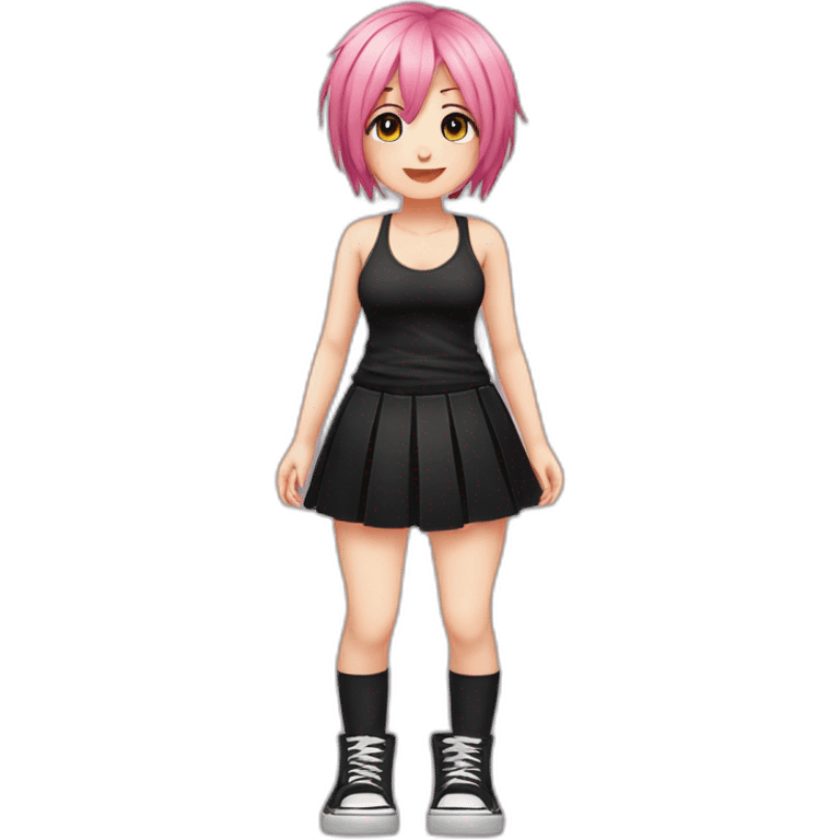 Full body Front view curvy emo girl pink hair sits on the floor straight view hands up black skirt белые трусики emoji