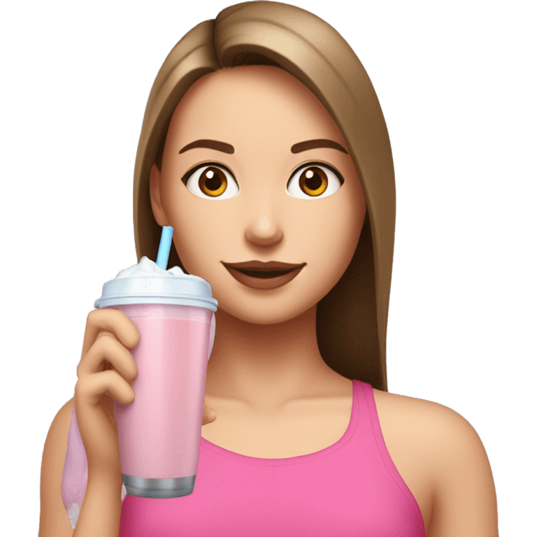 Brown straight haired white girl in pink croptop drinking protein shake emoji