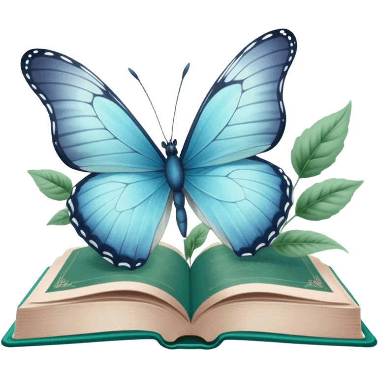 A pale blue butterfly hovering over an open green book with faded botanical illustrations. emoji