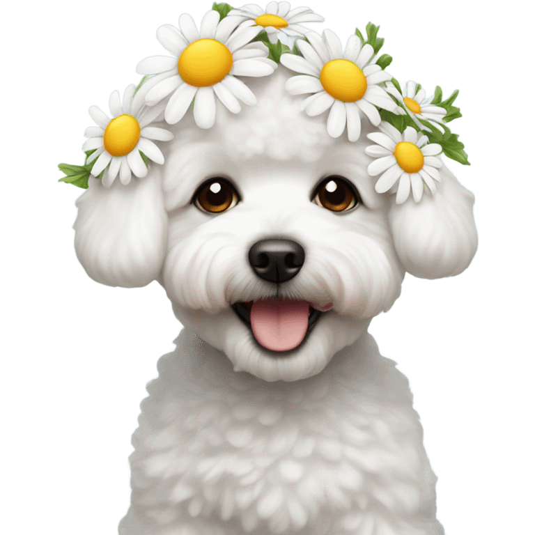 A happy bichon wearing daisy flowers on her head  emoji