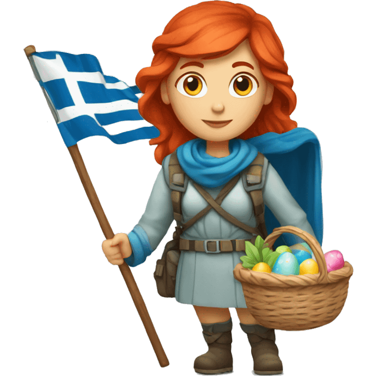 red hair female winter mountaineer with Greek flag and easter basket emoji