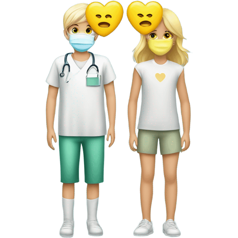 Two blonde children, sick, each in their own bed, wearing surgical masks, one Boy, one girl, at home, get well soon sign with yellow heart emoji