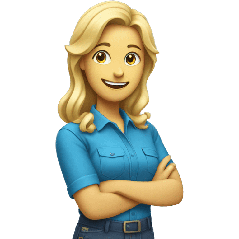 happy Female with blonde hair standing sideways wearing a bright blue shirt holding a screwdriver in hand emoji