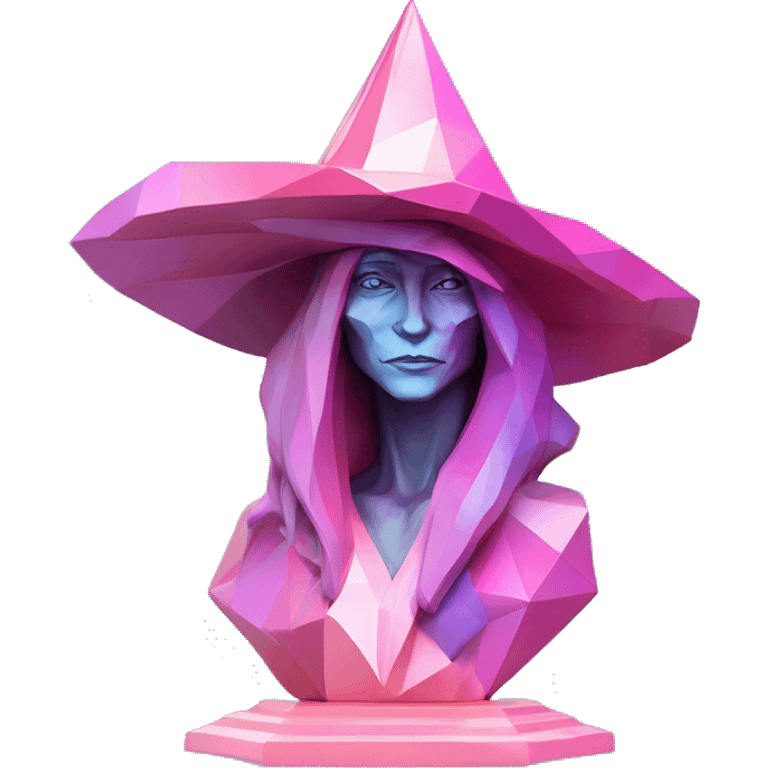 standalone sculpture Mage Witch Hat is geometric, faceted design. The sculpture is standing upright on a base with angular and Alphonse Mucha style. The vibrant midtone tints of pastels and pink highlights the sharp edges and planes.  emoji