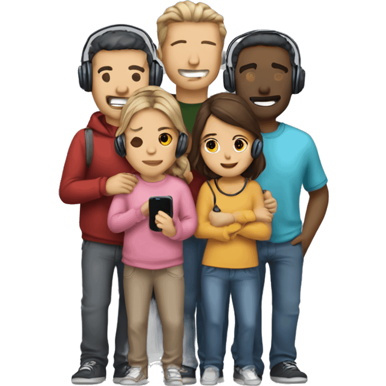 A group of five to seven humans cuddling with casual cloths, having headsets on and holding telephones  emoji