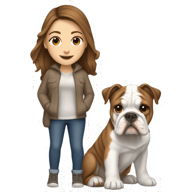 White girl with brown hair holding English bulldog emoji