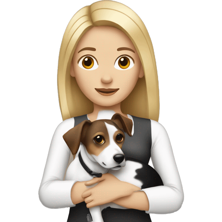 Blonde woman holding a black brown and white jack russell emoji