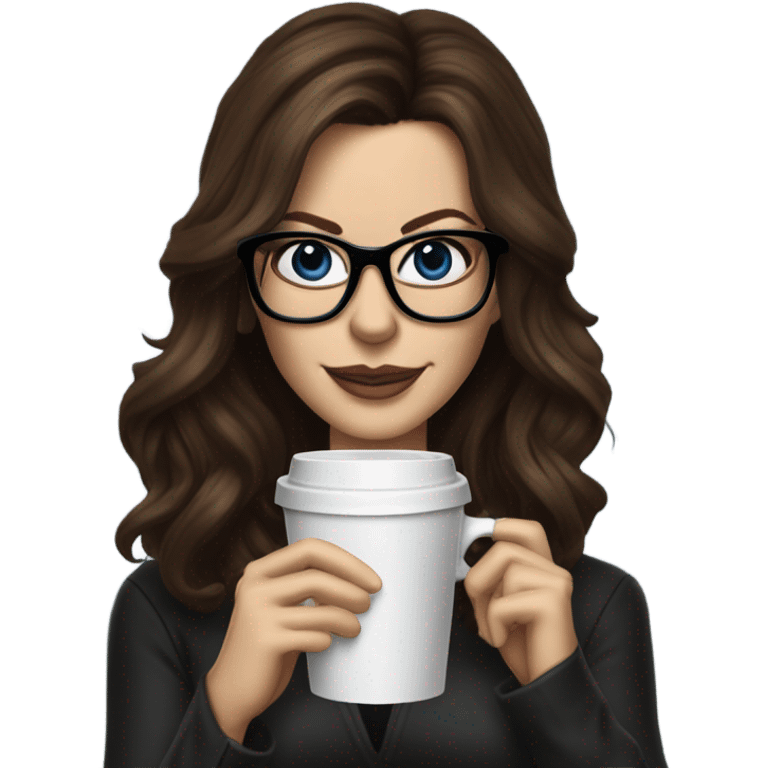 Hyper Realistic Kate Beckinsale dark blue eyes wearing glasses drinking coffee at a laptop  emoji