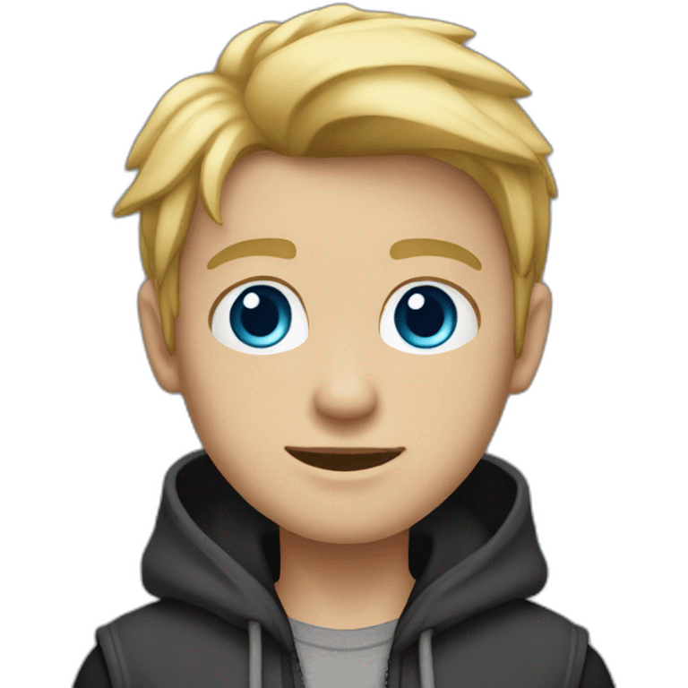 young blond man full bodywith gray-blue eyes dressed in a gray hoodie and black vest emoji