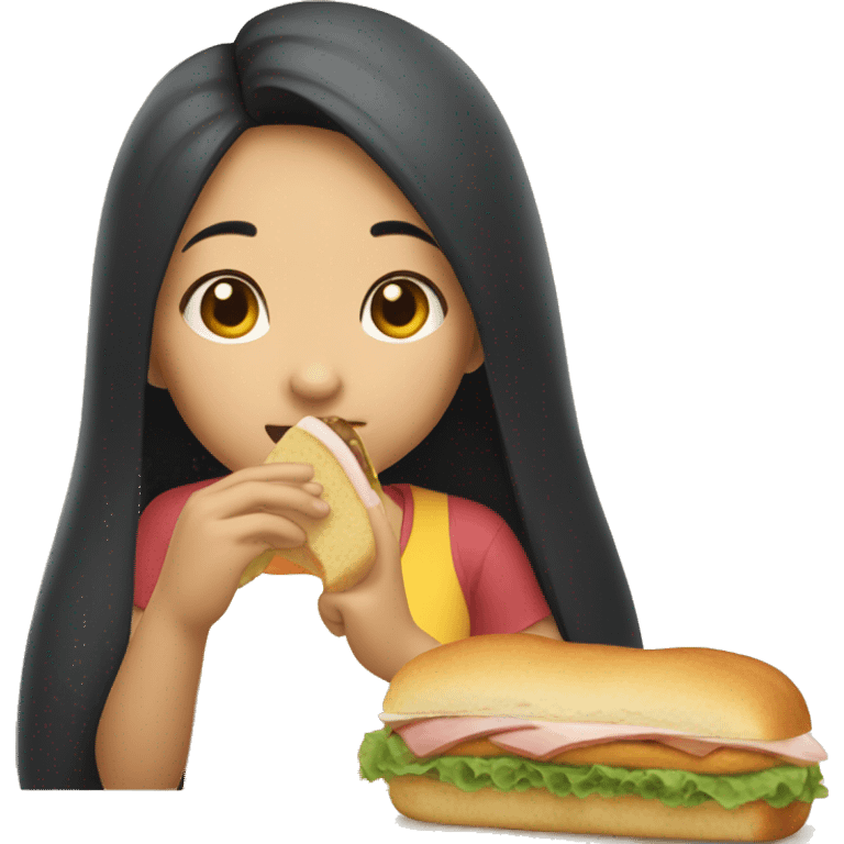 Asian girl long dark hair eating a sandwich with Winnie the pooh emoji