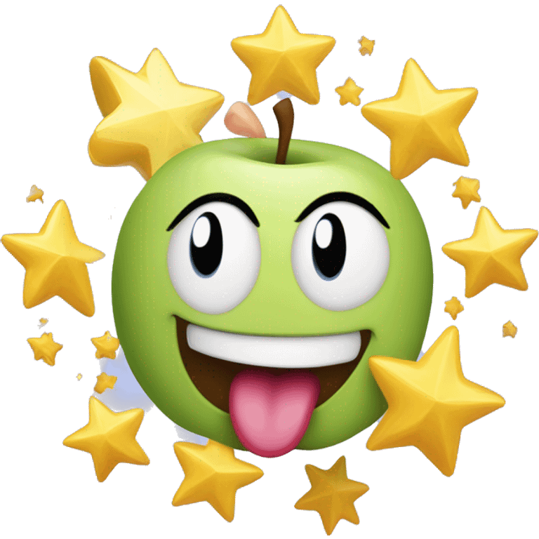 A classic apple emoji, tongue out and mouth wide open on a smile, dizzy eyes, and swirling stars around their head. Tilted 45 degrees emoji