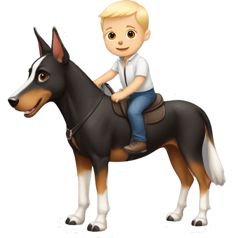 A white baby boy riding a Doberman like a horse emoji