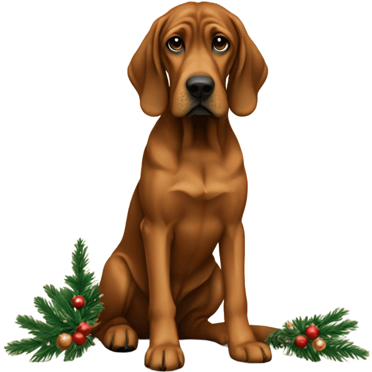 Brown bloodhound mix with lab sitting by Christmas tree  emoji