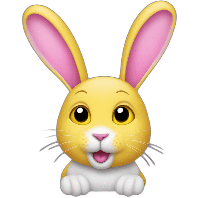 rabbit pink, falling ears, wears teeshirt yellow emoji