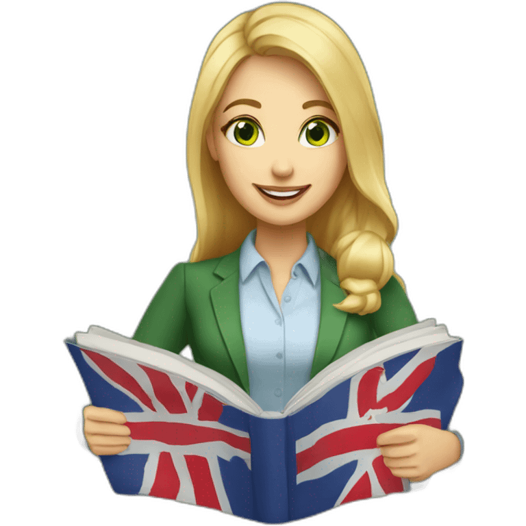 English teacher female with blonde hair and green eyes. with English book with usa flags emoji