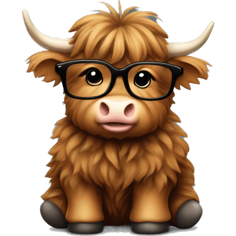 Cute Fluffy brown Highland cow baby sitting with a black glasses in a sweather emoji